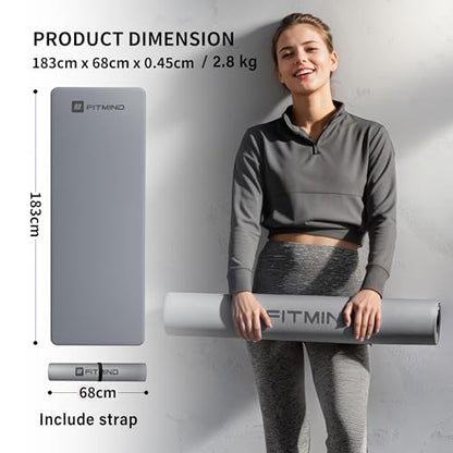 Professional PU Rubber Yoga Mat, Double-Sided Non Slip Sweat Resistant Exercise Mat for Men Women, Comfortable Extra Long & Wide for Yoga, Pilates, Fitness, Home Gym, 72"×26.8"×0.18"(4.5mm)Thick - color: gray