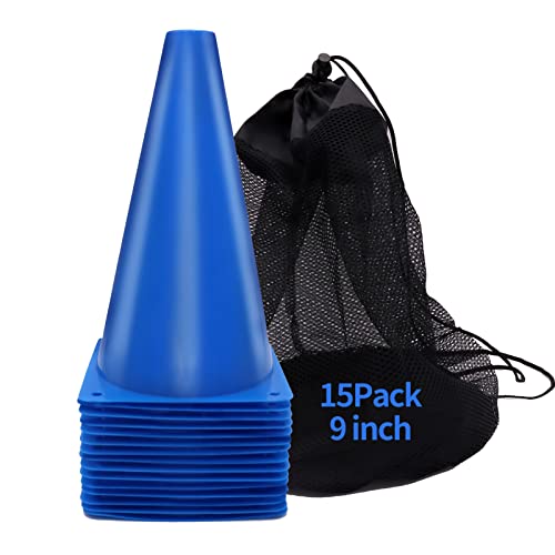 Cones Sports 9 Inch, 15 Pack Training Cones for Soccer Practice, Agility Field Cone Set for Drills Football Basketball, Plastic Cones for Outdoor Indoor Games - color: blue cones sports x 15, 9 inch