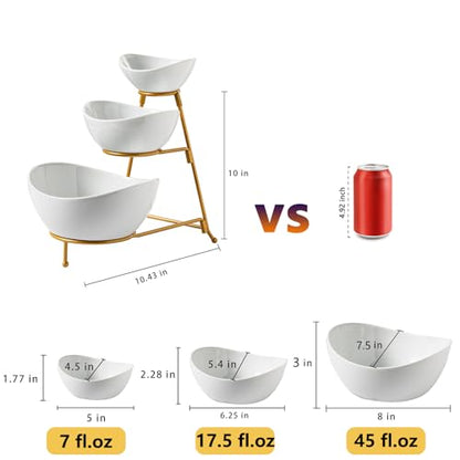 3 Tiered Oval Serving Bowl with Collapsible Metal Rack, Chip and Dip Serving Set, Dessert Appetizer Bowl Set (45oz / 17.5oz / 7oz), White Serving Bowls For Entertaining (Gold Stand)