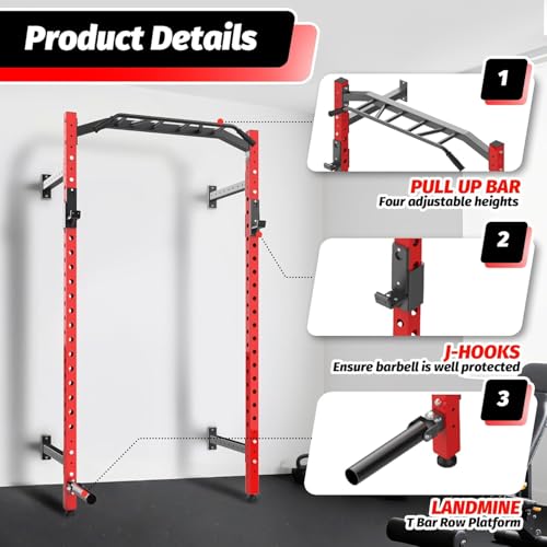 Wall Mounted Power Rack, Heavy Duty Power Rack for Home Gym, Multi-Grip Pull Up Bar with J-Hooks & Landmine Attachment, Space-Saving Wall-Mount Strength Rack for Garage Gym