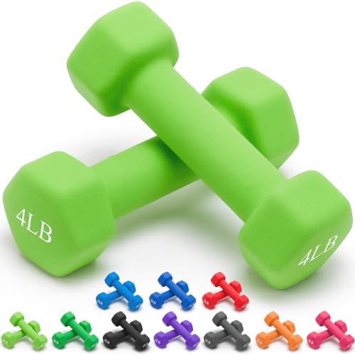 Portzon 8 Colors Options Compatible with Set of 2 Rubber Dumbbell Weight, 5-50 LB, Anti-Slip, Anti-roll, Hex Shape - color: Green, size: 04-Pound,Pair, style: Neoprene Dumbbells