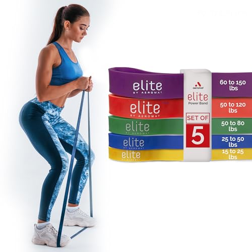 Aeromat Elite Power Band, 15–150 lbs – Set of 5 Color-Coded Long Resistance Bands for Pull-Up Assistance, Exercise, Yoga, Strength Training, Leg Workouts, Home or Gym Use, for Men & Women