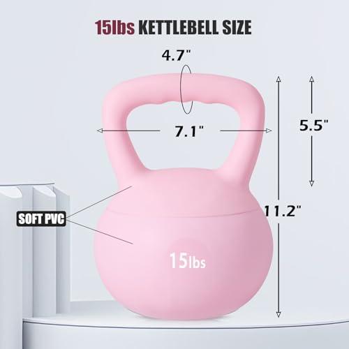 SogesPower Soft Kettlebells, Iron Sand Filled Strength Training Weights, Shock-Proof with Wide-Grip Handle, Fitness Kettlebells for Home Gym - color: 15LBS-Pink