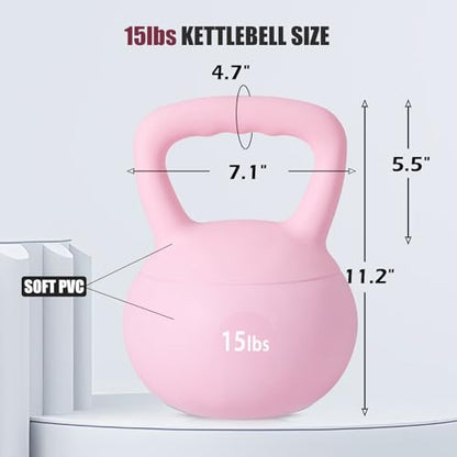 SogesPower Soft Kettlebells, Iron Sand Filled Strength Training Weights, Shock-Proof with Wide-Grip Handle, Fitness Kettlebells for Home Gym - color: 15LBS-Pink