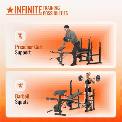 Weight Bench with Squat Rack, Adjustable Workout Bench with Preacher Curl Pad, Leg Extension & Curl, Safety Bar Catches, 600 lbs Capacity All-in-One Strength Training Bench for Home Gym