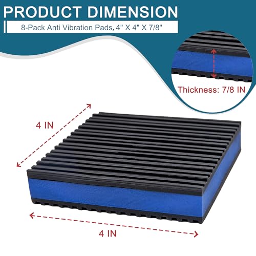 8-Pack Anti Vibration Pads, 4x4x7/8 Inch, EVA Rubber Isolation Mats, Heavy Duty Vibration Isolation Pads for Air Compressos, Conditioner, Treadmill, HVAC Washer Dryer