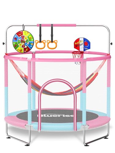 60" Trampoline for Kids 5FT Toddler Trampolines Indoor/Outdoor with Adjustable Gymnastics Bar & Safety Net, No-Gap Design, Anti-Rollover Bottom, Basketball Hoop, Gifts for Boys & Girls - color: Pink / Blue -2- 6-in-1