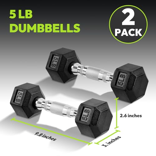 HANDBODE Hex Dumbbell Set, 2.5-65 lb Rubber Encased Exercise & Fitness Dumbbells, Weights Dumbbells Set of 2, Hand Weight for Strength Training - size: 5 lb, Pair, style: Chrome Handle
