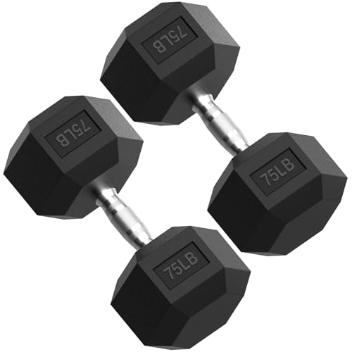 Rubber Encased Hex Dumbbell, Hand Weights with Anti-Slip Cast Iron Grip for Exercise & Fitness, Weights Dumbbells Set of 2 for Strength Training - style: 75LB Pair