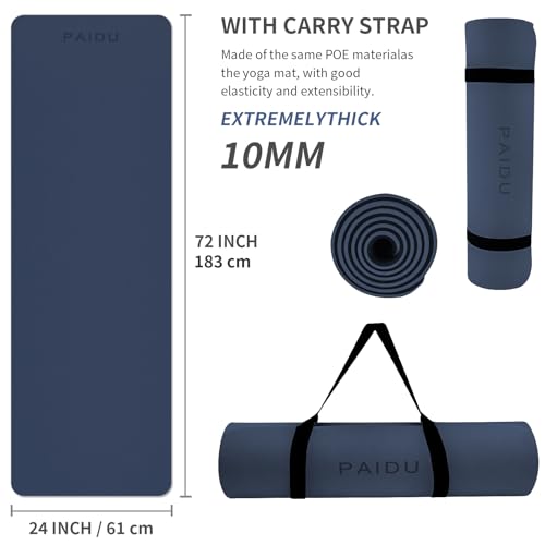 PAIDU Yoga Mat Non Slip Anti-tear,extra thick-2/5 inch（10MM）High Resiliency Professional POE Yoga Mats for Women Men Kids,72"x24"inch,Workout, Yoga, Pilates and Floor Exercise, with Carrier Strap - color: Navy blue & Black