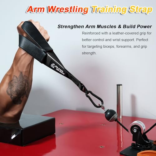 Arm Wrestling Training Strap with Leather Sleeve – Dual Ring Grip Strap for Wrist Forearm & Biceps Strength Compatible with Cable Machines & Resistance Bands