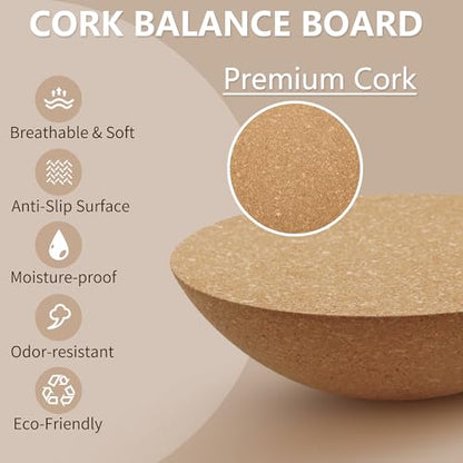 Solid Cork Balance Board Half Ball, 11.8" (30cm) Fitness Half-Ball Trainer for Balance Stability, Mobility & Core Strength Development Excecise Tool for Yoga, Rehab, Pilates & Surf Traning