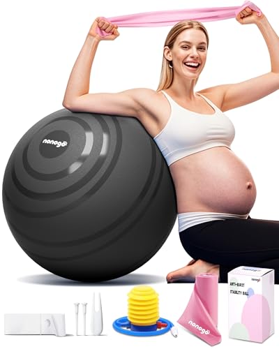 nonogo Birthing Ball for Pregnancy with Resistance Bands- Exercise Ball for Working Out, Yoga, Physical Therapy, Maternity Physio, Balance Stability Ball with Pump - color: Black, size: 75cm