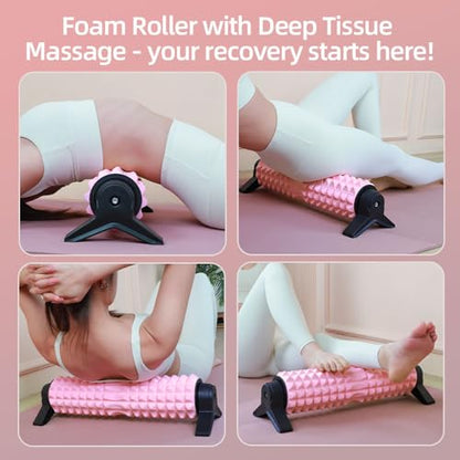 Foam Roller with Stand - Bracket Foam Roller for Back Pain, 21 inch Trigger Point Deep Tissue Massage Roller, Medium Density Grid Bracket Foam Rollers, Leg Roller for Muscles Deep Tissue - color: Pink