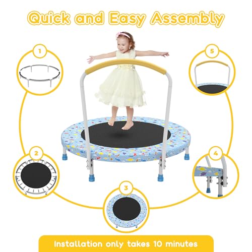 36" Mini Toddler Trampoline with Handles, Indoor Quiet Kids Trampoline with Super Safety Mat and Durable Steel Frame, Indoor/Outdoor - color: Light Blue Print