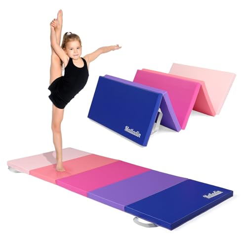 Matladin Folding Gymnastics Gym Exercise Aerobics Mat, 76"L x 30"W x 1.5"Th Folding Exercise Mat, Easy to Clean PU Leather Tumbling Mats for Stretching Yoga Cheerleading Martial Arts, Kid Play(Pink ,Blue）