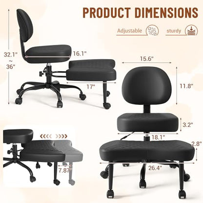 Homall Ergonomic Cross Legged Office Desk Chair with Wheels, 360° Swivel and Adjustable Height for Meditation and ADHD,Criss Cross Kneeling Chair with Lumbar Support (Leather, Black) - color: Black