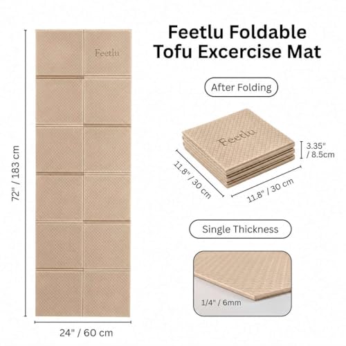 Foldable Yoga Mat, 72" x 24", 6mm Thick, Lightweight & Non-Slip - color: Khaki