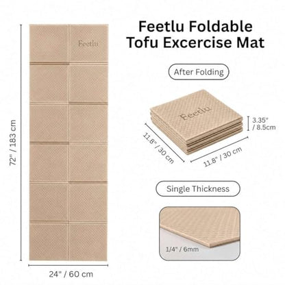Foldable Yoga Mat, 72" x 24", 6mm Thick, Lightweight & Non-Slip - color: Khaki
