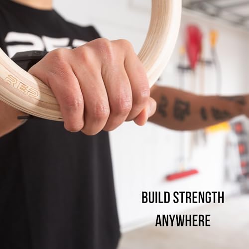 REP Fitness Wood Gymnastic Rings with Numbered Heavy Duty Adjustable Straps - Perfect for Cross-Training Workouts, Gymnastics and Conditioning - size: 1.11", style: 14' Straps