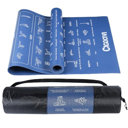 Instructional Travel Yoga Mat with 75 Asanas Poses & Exercises - Exercise Mat for Home Workout, Includes Carrying Bag, 68"x24"x0.25" - color: Blue