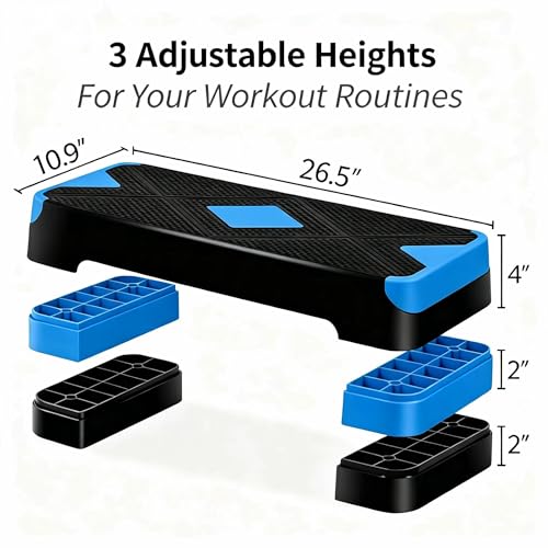 ZENY 26.5 inch Aerobic Step Platform with 4 Step Risers, Height Adjustable Exercise Stepper for Home Gym Workouts, 400 lbs Capacity - color: Blue