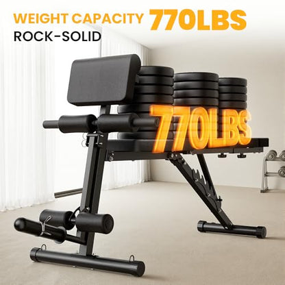Steelite Adjustable Weight Bench for Home Gym, Foldable Workout Bench with Leg Extension and Leg Curl, 770 LBS Multi-Function Preacher Curl Weight Bench for Full Body Training Fitness, Incline Decline Flat Sit Up Bench Home Gym Equipment with Wheels for B