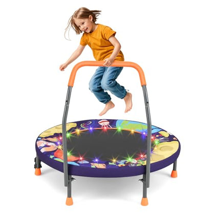 Goplus Foldable Toddler Trampoline for Kids, 36'' Recreational Mini Trampoline w/20 LED Lights, Foam Handle, Padded Safety Cover, Indoor Outdoor Exercise Rebounder for Boys Girls Aged 3-6 - style: Purple-Outer Space