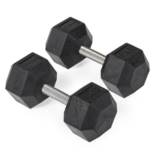 Titan Fitness 45 LB Pair Free Weights, Black Rubber Coated Hex Dumbbell, Straight Stainless Steel Handle, Strength Training, Full Body Workout