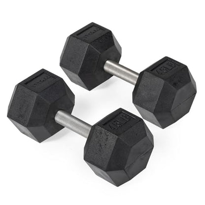 Titan Fitness 45 LB Pair Free Weights, Black Rubber Coated Hex Dumbbell, Straight Stainless Steel Handle, Strength Training, Full Body Workout