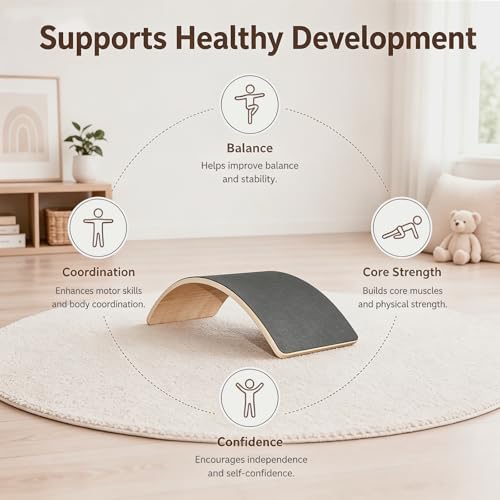 Wooden Balance Board for Kids, Montessori Wobble Board with Anti-Slip Surface, 33 Inch Natural Curved Balance Toy for Toddlers, Open-Ended Waldorf Play Equipment for Indoor Active Play, Gifts for Kids Ages 3+ Years