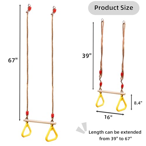 Trapeze Bar, 16" Adjustable Height Wooden Swing Set, Trapeze Climbing Bar Assembly with Rings, Gym Hanging Accessories Playground Attachments