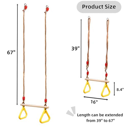 Trapeze Bar, 16" Adjustable Height Wooden Swing Set, Trapeze Climbing Bar Assembly with Rings, Gym Hanging Accessories Playground Attachments