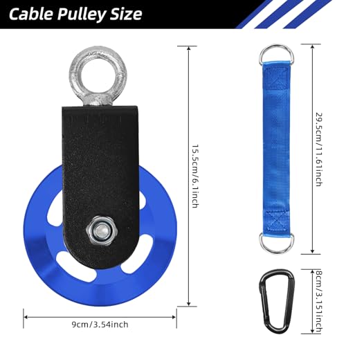 LFJ Aluminum Alloy Cable Pulley with Swing Strap Carabiner, 90mm Pulley Wheel for LAT Pulley System DIY Pull Down Attachment,Ladder Lift,Home Gym Equipment - color: Blue-2Pack