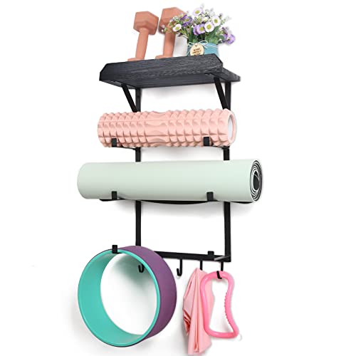 Yoga Mat Holder Wall Mount,17" x 28" Yoga Mat Rack Home Gym Accessories, Storage for Foam Roller, with Wood Floating Shelves for Hanging Yoga Strap and Resistance Bands - color: Vintage Black