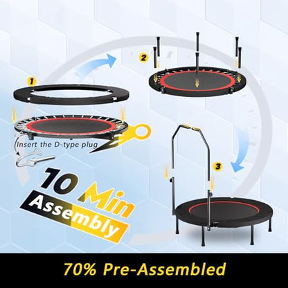 40'' Fitness Trampoline with 4 Levels Height Adjustable Foam Handle, Foldable Mini Rebounder for Adults Home Indoor Workout, 6-Leg Exercise Trampoline, Max Load 330lbs - color: Black with Handle