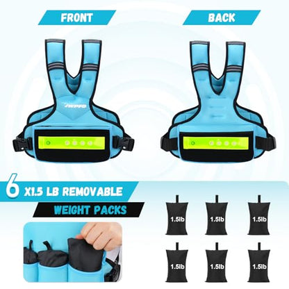 Adjustable Weighted Vest for Women Men, 6-15 Lbs/12-18 Lbs Rucking Vest with LED Light Strips, Weight Vest with 6 Ironsand Weights, and Zipper Pocket for Strength Training, Walking, Running