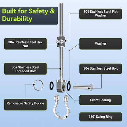 Swing Hangers with Bearing, 2 Pcs M10 × 7" Stainless Steel Swing Hooks for Wood & Steel Beam, 180° Swivel Heavy Duty Swing Hanger for Hammock, Yoga Swing, Porch Swing, 1500LB Capacity