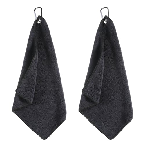 2 Pack Black Golf Towel with Carabiner Clip 12" X 12" Microfiber Waffle Pattern GolfRag GolfTowel with Clip for Cleaning GolfBall Club Putter Iron for Golf Bag Trolly Belt Loop