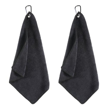 2 Pack Black Golf Towel with Carabiner Clip 12" X 12" Microfiber Waffle Pattern GolfRag GolfTowel with Clip for Cleaning GolfBall Club Putter Iron for Golf Bag Trolly Belt Loop