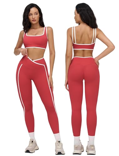 Womens Two Piece Workout Set Spaghetti Straps Color Block Sports Bra Matching High Waist Leggings Gym Work Out Outfits - color: Red, size: X-Small