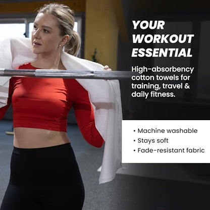 Sports Towel - Double Pack (2 Pieces), 12"x51", White, 100% Cotton - Oeko-Tex Certified, Very Absorbent and Quick-Drying, for Fitness, Gym and Yoga