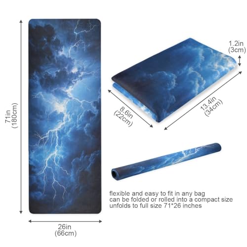 Kigai Travel Yoga Mat 71" x 24" Non Slip Natural Rubber Foldable Exercise Mat Ultra Thin 1.5mm Lightweight for Fitness, Pilates & Home Workout, Blue Lightning