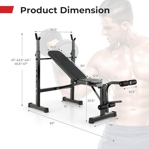 GYMAX Adjustable Weight Bench, Foldable Weight Bench with Squat Racks, Leg Extension & Leg Curl, Strength Training Workout Bench Press, Olympic Weight Lifting Bench Set for Home Gym