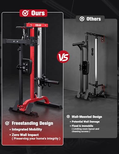 YOLEO 2-in-1 Adjustable Rowing Cable Machine & LAT Pulldown Station for Home Gym, Foldable Space Saver with 6 Attachments, Supports 450 Lbs Weight Plates