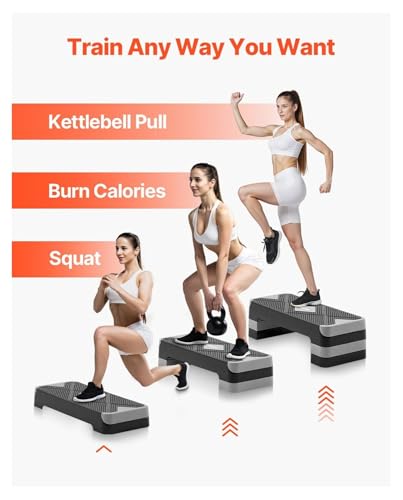Aerobic Exercise Step Platform, 28-Inch Workout Aerobic Stepper, Height Adjustable Fitness Training Step Deck Trainer with 4 Risers, Non-Slip Surface Bench for Home Gym Cardio Strength, Gray