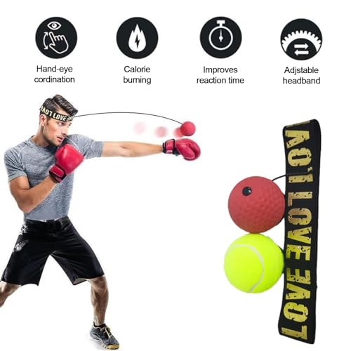 Boxing Reflex Ball with Headband Set, Reflex Ball with String, Boxing Reaction Training Equipment, Rubber red ball &Yellow tennis ball, Elasticated headband, for Beginner &Advanced Boxer Practice