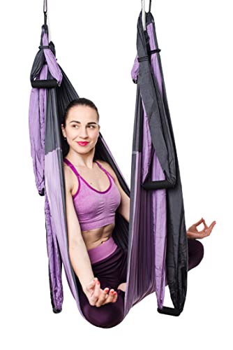 Aerial Yoga Swing Set - Yoga Hammock Hanging Swing - Aerial Sling Inversion Fly Kit - Acro Yoga Inversion Tool - Antigravity Toga Sling - Suspension Trapeze (Grey-Lilac)