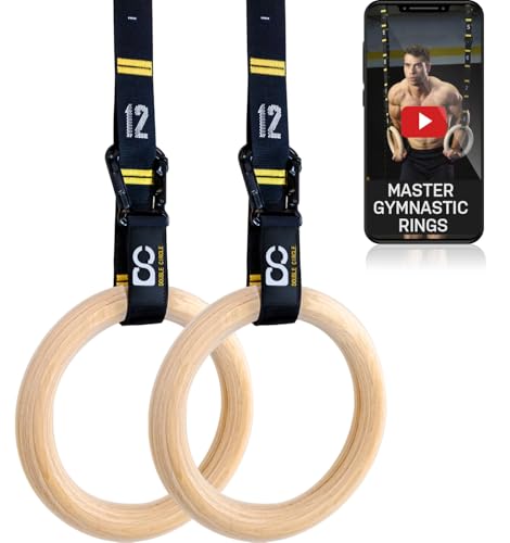 Wood Gymnastics Rings with Quick Adjust Numbered Straps and Exercise Videos Guide - Full Body Workout Rings, Calisthenics, Home Gym (Multi-Size) - style: Rings 1.1 Inch