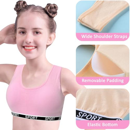 Girls Sports Bras Cotton Training Underwear with Removable Pads Teenage Crop Vest for 8-15 Years